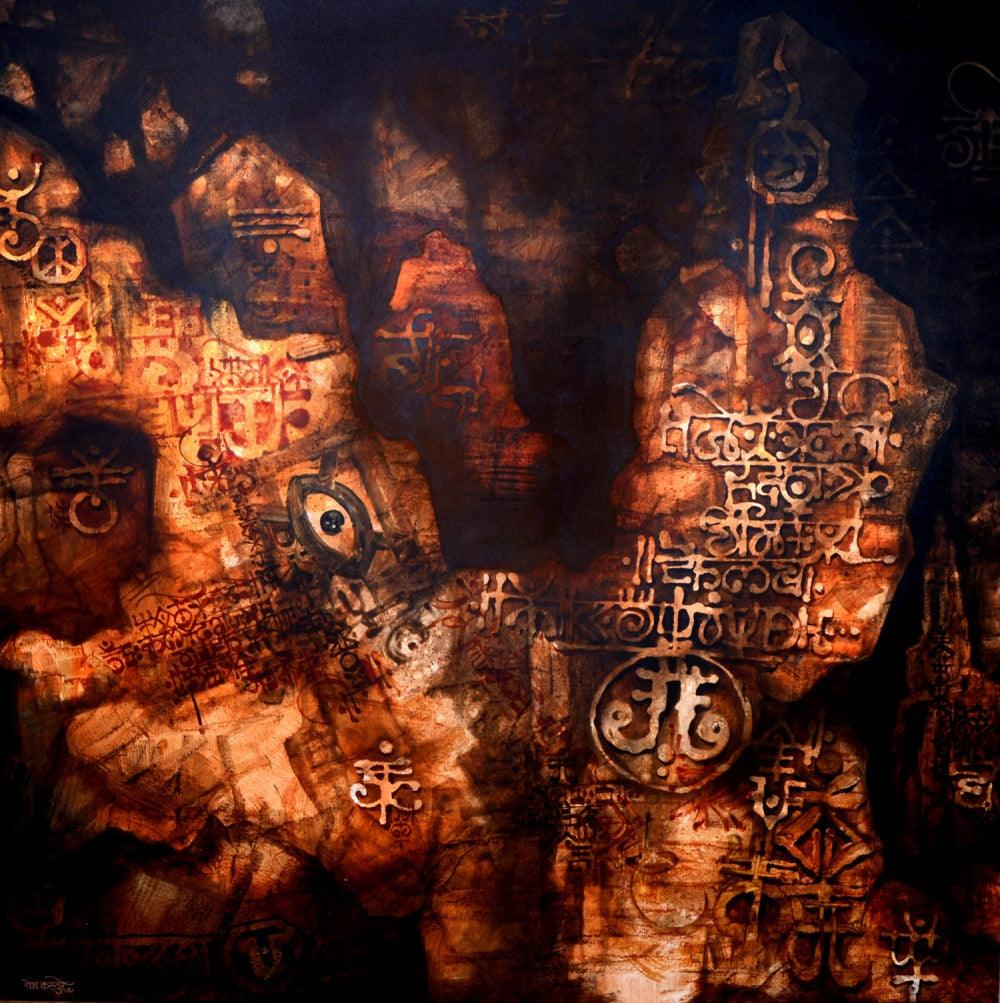 Abstract calligraphy painting titled 'Abstract 6', 60x60 inches, by artist Ram Kasture on Canvas