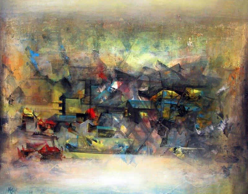 Abstract acrylic painting titled 'Abstract City', 32x43 inches, by artist M Singh on Canvas