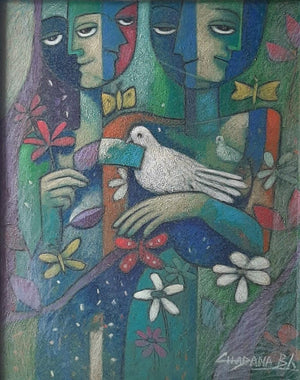 Figurative mixed media painting titled 'Adorable Mother Earth 2', 36x48 inches, by artist Chandana Bhattacharjee on Canvas