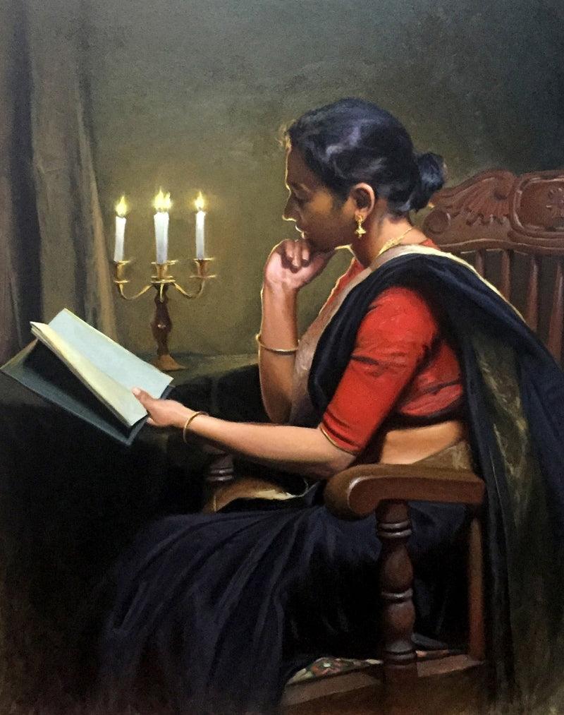 Figurative oil painting titled 'Adoring The Beauty', 39x30 inches, by artist Mahesh Soundatte on Canvas