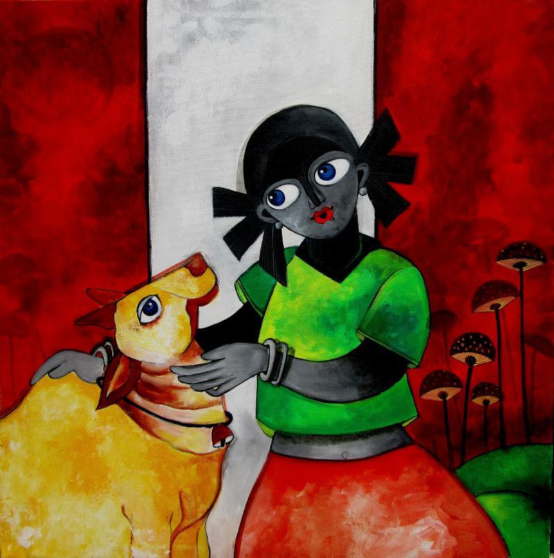 Figurative acrylic painting titled 'Affection', 30x30 inches, by artist Sharmi Dey on Canvas