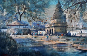Religious watercolor painting titled 'After Rain', 15x22 inches, by artist Jitendra Divte on Paper