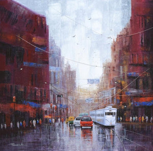 Cityscape acrylic painting titled 'After Rain In Kolkata 2', 36x36 inches, by artist Purnendu Mandal on Canvas