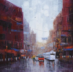 Cityscape acrylic painting titled 'After Rain In Kolkata', 36x36 inches, by artist Purnendu Mandal on Canvas