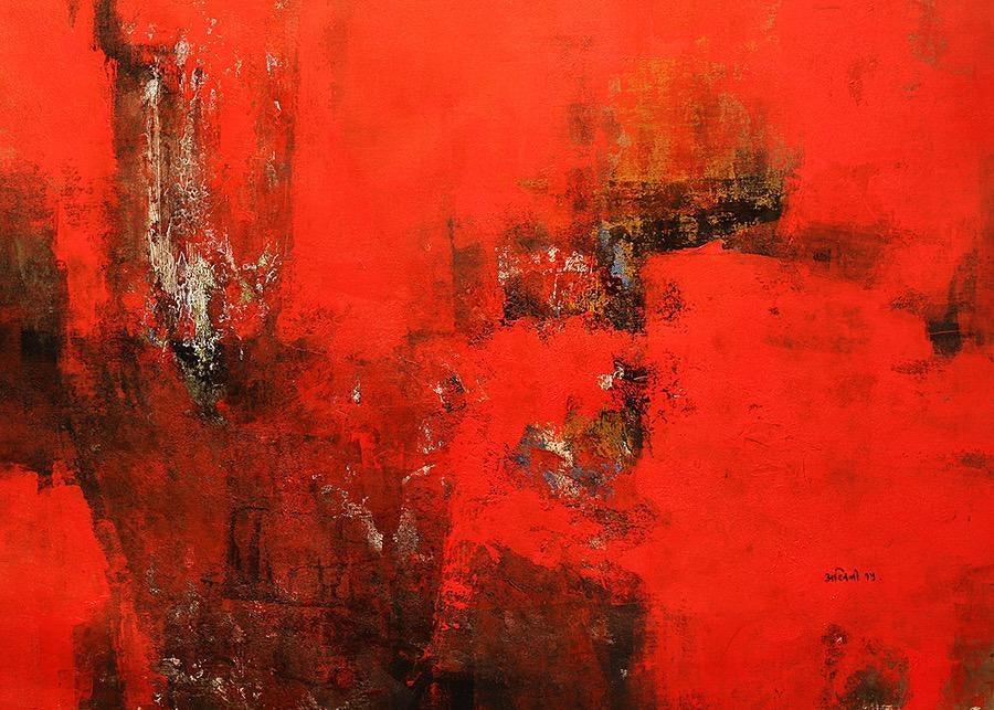 Abstract acrylic painting titled 'Agyaat Red Six', 30x42 inches, by artist Ashwini Borse on Canvas