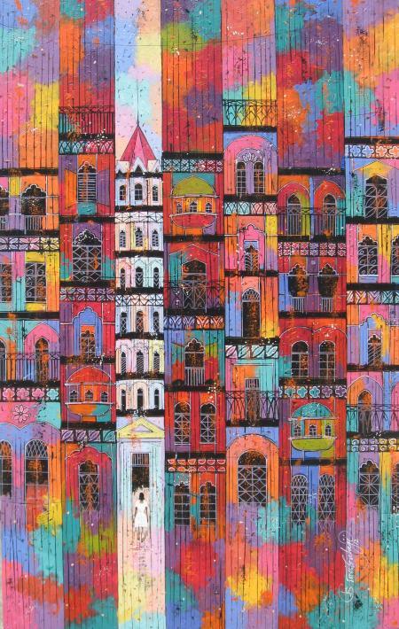 Cityscape acrylic painting titled 'Alone', 30x48 inches, by artist Suresh Gulage on Canvas