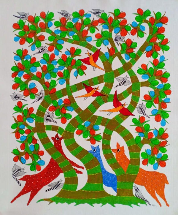 Animals Under The Tree Traditional Art by Choti Gond Artist | ArtZolo.com