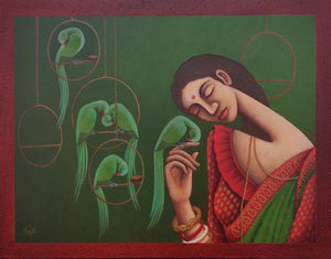 Figurative acrylic painting titled 'Antarmahal', 36x48 inches, by artist Uttam Bhattacharya on Canvas