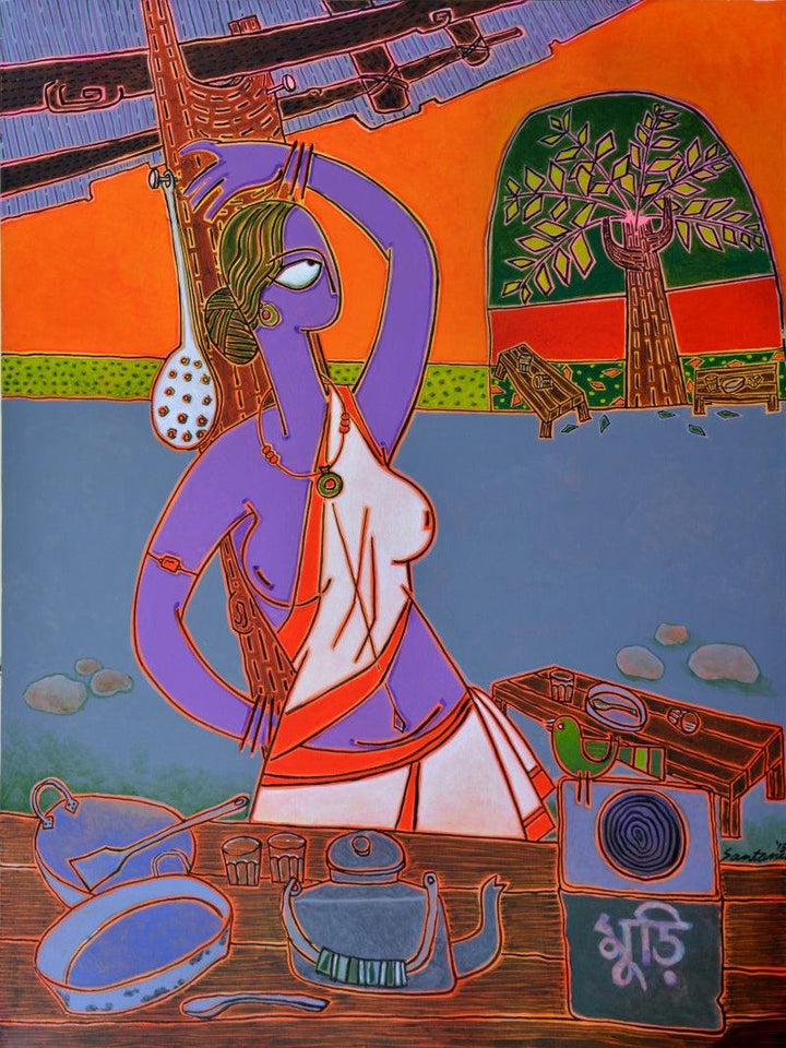 At The Tea Stall Painting by Santanu Nandan Dinda | ArtZolo.com