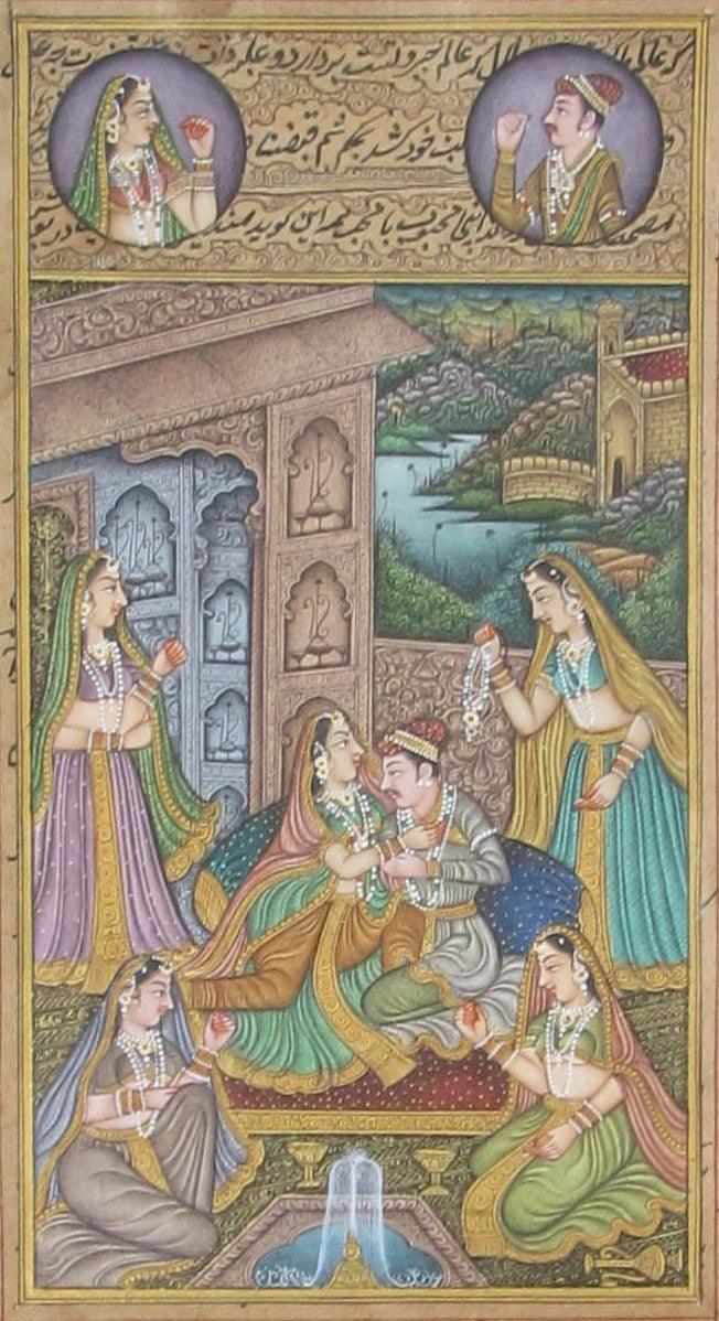 Attractive Mughal Love Scene Traditional Art by Unknown | ArtZolo.com