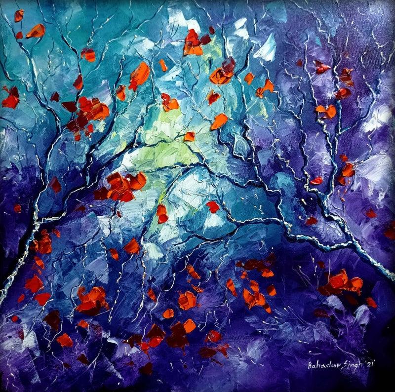 Nature oil painting titled 'Autumn 4', 39x39 inches, by artist Bahadur Singh on Canvas