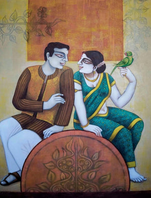Figurative acrylic painting titled 'Babu And Bibi 3', 48x36 inches, by artist Gautam Mukherjee on Canvas