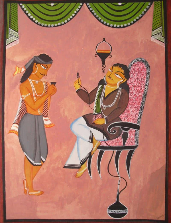 Babu And Servant Kalighat Painting Painting by Parboni Royghosh | ArtZolo.com