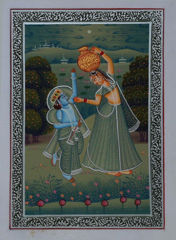 Bal Krishna Teasing Gopi For Makhan Traditional Art by Unknown | ArtZolo.com