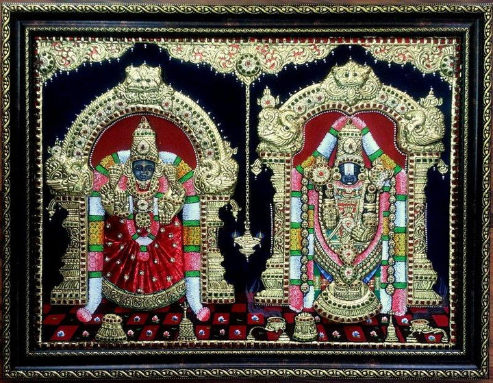 Balaji And Padmavathi Tanjore Paintig Traditional Art by Vani Vijay | ArtZolo.com