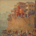 Cityscape oil painting titled 'Banaras 1', 24x24 inches, by artist Yashwant Shirwadkar on Canvas