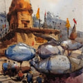 Religious watercolor painting titled 'Banaras 2', 11x9 inches, by artist Subrata Malakar on Paper