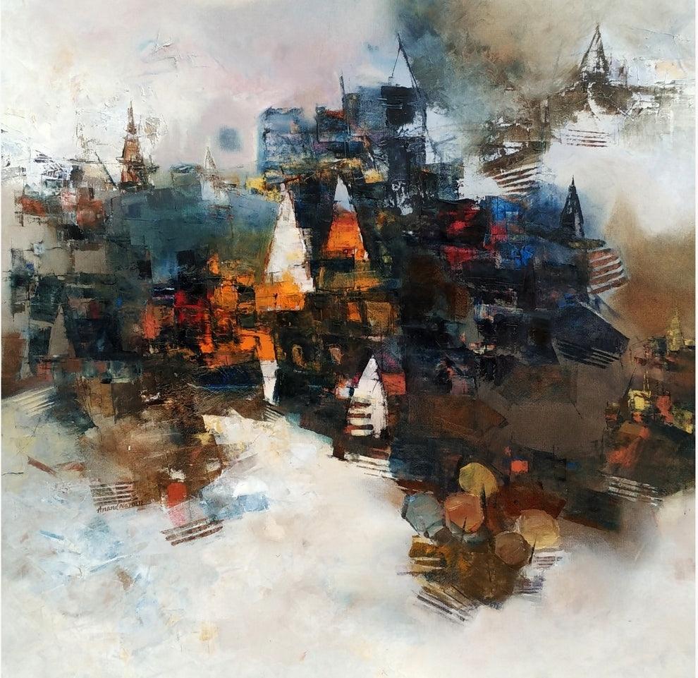 Cityscape oil painting titled 'Banaras 2', 24x24 inches, by artist Anand Narain on Canvas