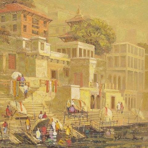 Cityscape oil painting titled 'Banaras 4', 24x24 inches, by artist Yashwant Shirwadkar on Canvas