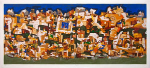 Cityscape serigraphs painting titled 'Banaras', 36x80 inches, by artist Jagdeep Smart on Paper