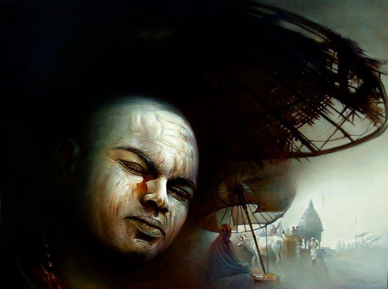 Figurative acrylic oil painting titled 'Banaras', 36x48 inches, by artist Amit Bhar on canvas