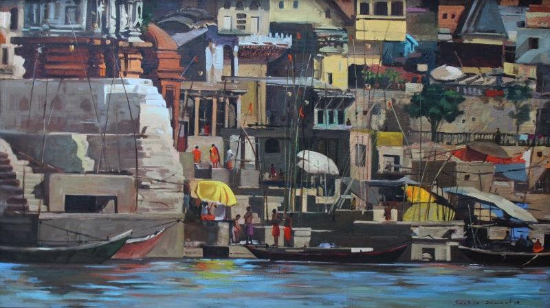 Cityscape oil painting titled 'Banaras', 20x36 inches, by artist Sachin Sawant on Canvas