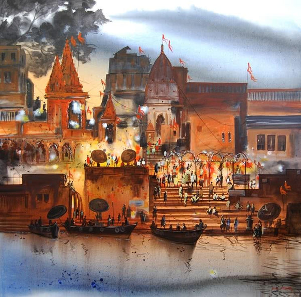 Banaras Evening Lights Painting by Anand Bekwad | ArtZolo.com