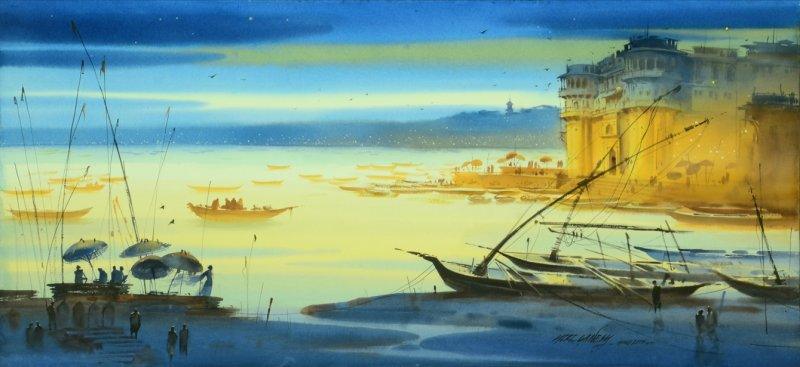 Nature watercolor painting titled 'Banaras Ganga Ghat 15', 32x68 inches, by artist Ganesh Hire on Paper