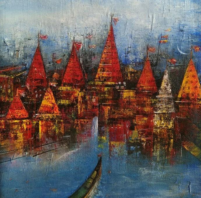 Cityscape acrylic painting titled 'Banaras Ghat 1', 12x12 inches, by artist M Singh on Canvas