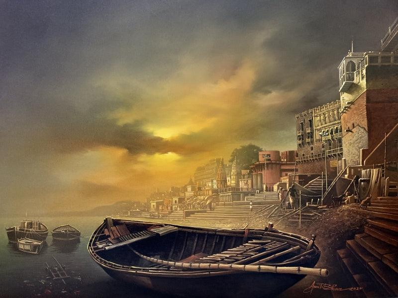 Cityscape oil painting titled 'Banaras Ghat 1', 30x40 inches, by artist Amit Bhar on Canvas