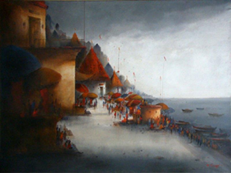 Landscape acrylic painting titled 'Banaras Ghat 1', 30x40 inches, by artist Parag Adhikari on canvas