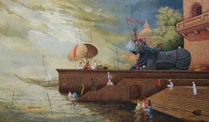 Cityscape acrylic painting titled 'Banaras Ghat 1', 36x61 inches, by artist Basavaraj Nalakar on Canvas