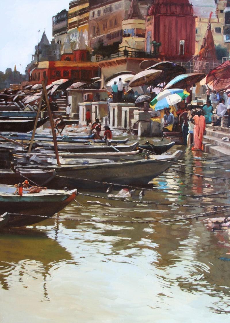 Landscape oil painting titled 'Banaras Ghat 1', 28x40 inches, by artist Sachin Sawant on Canvas
