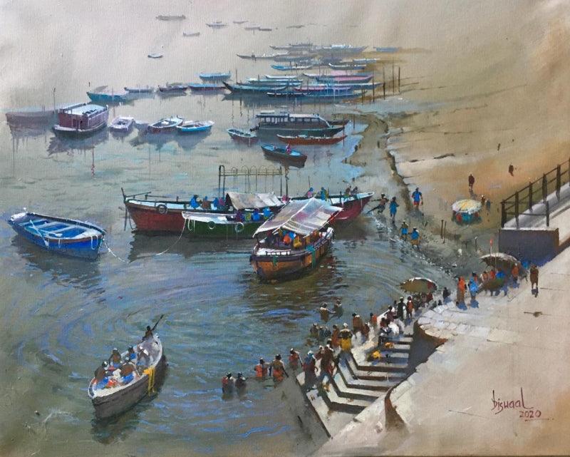 Cityscape acrylic painting titled 'Banaras Ghat 1', 30x36 inches, by artist Bijay Biswaal on Canvas