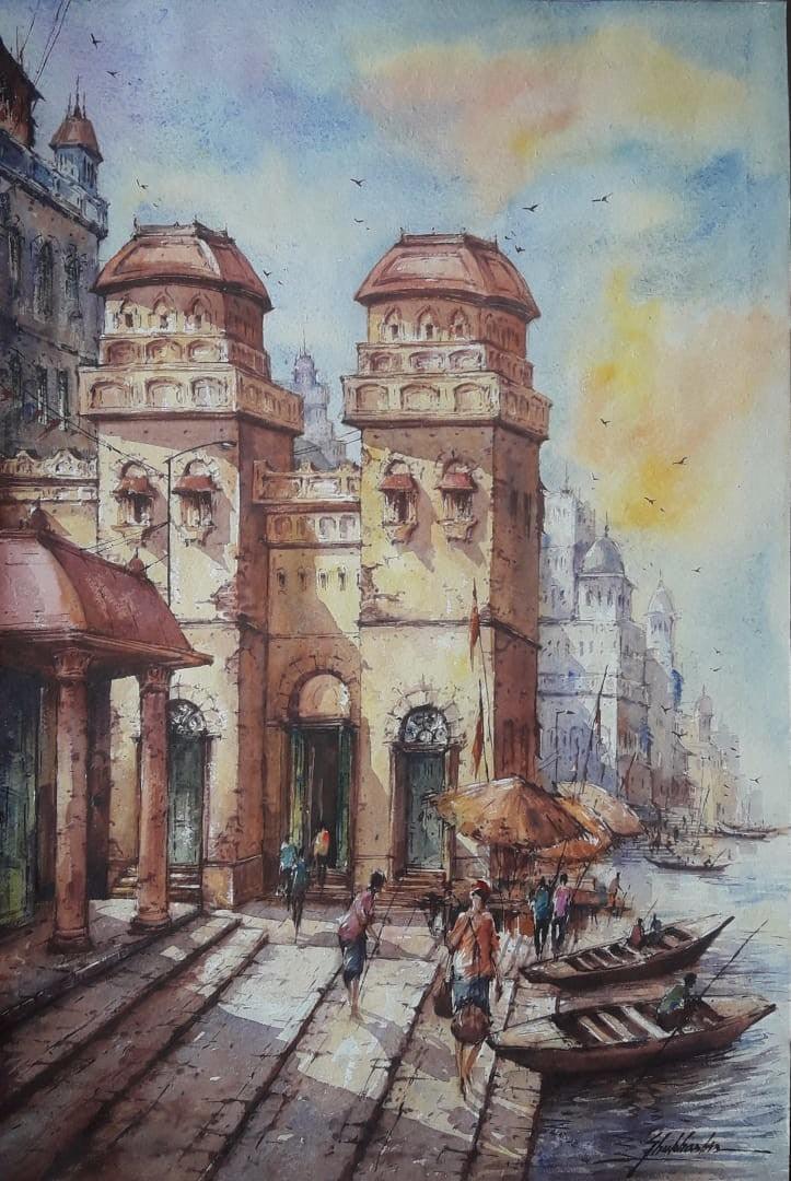 Cityscape watercolor painting titled 'Banaras Ghat 11', 22x15 inches, by artist SHUBHASHIS MANDAL on Handmade Paper