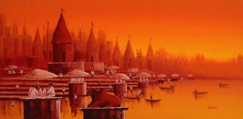 Cityscape oil painting titled 'Banaras Ghat 13', 24x48 inches, by artist Reba Mandal on Canvas