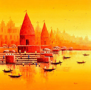 Cityscape acrylic painting titled 'Banaras Ghat 14', 36x36 inches, by artist Reba Mandal on Canvas