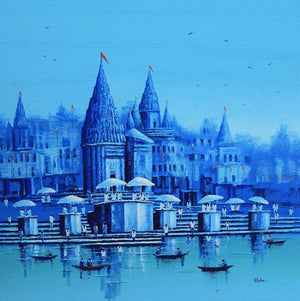 Cityscape acrylic painting titled 'Banaras Ghat 15', 36x36 inches, by artist Reba Mandal on Canvas
