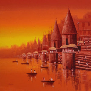 Cityscape oil painting titled 'Banaras Ghat 17', 36x36 inches, by artist Reba Mandal on Canvas