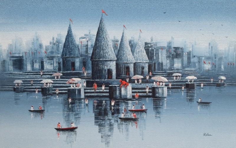 Cityscape oil painting titled 'Banaras Ghat 18', 30x48 inches, by artist Reba Mandal on Canvas