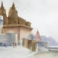 Religious watercolor painting titled 'Banaras Ghat 2', 14x21 inches, by artist Amit Dhane on Paper