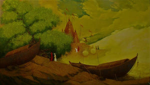 Banaras Ghat 2 (Dawn on the Ganges) by Basavaraj Nalakar, Original Acrylic Cityscape Painting on Canvas, Large Horizontal Wall Art
