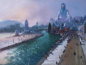 Religious acrylic painting titled 'Banaras Ghat 2', 36x48 inches, by artist Bijay Biswaal on Canvas