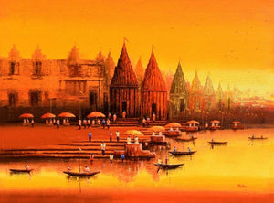 Cityscape acrylic painting titled 'Banaras Ghat 20', 36x48 inches, by artist Reba Mandal on Canvas