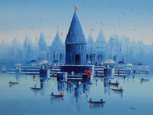 Cityscape oil painting titled 'Banaras Ghat 21', 36x48 inches, by artist Reba Mandal on Canvas