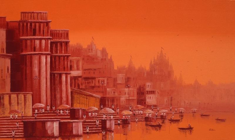 Cityscape oil painting titled 'Banaras Ghat 25', 36x60 inches, by artist Reba Mandal on Canvas