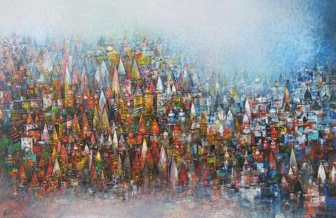 Cityscape acrylic painting titled 'Banaras Ghat 3', 48x72 inches, by artist M Singh on Canvas