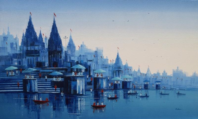 Cityscape acrylic painting titled 'Banaras Ghat 32', 36x60 inches, by artist Reba Mandal on Canvas