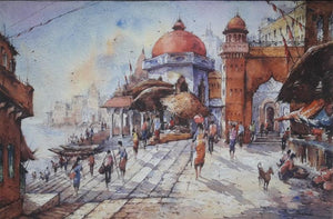 Religious watercolor painting titled 'Banaras Ghat 4', 15x22 inches, by artist SHUBHASHIS MANDAL on Handmade paper