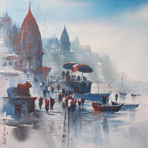 Cityscape acrylic painting titled 'Banaras Ghat 45', 36x36 inches, by artist Ashif Hossain on Canvas